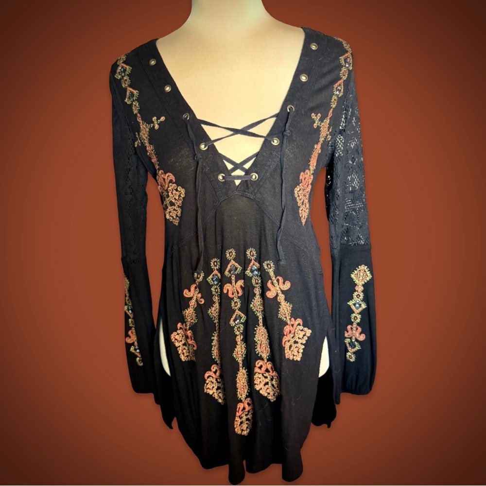 Free People Black and Orange Embroidered Shirt with Lace Sleeves and Front Ties
